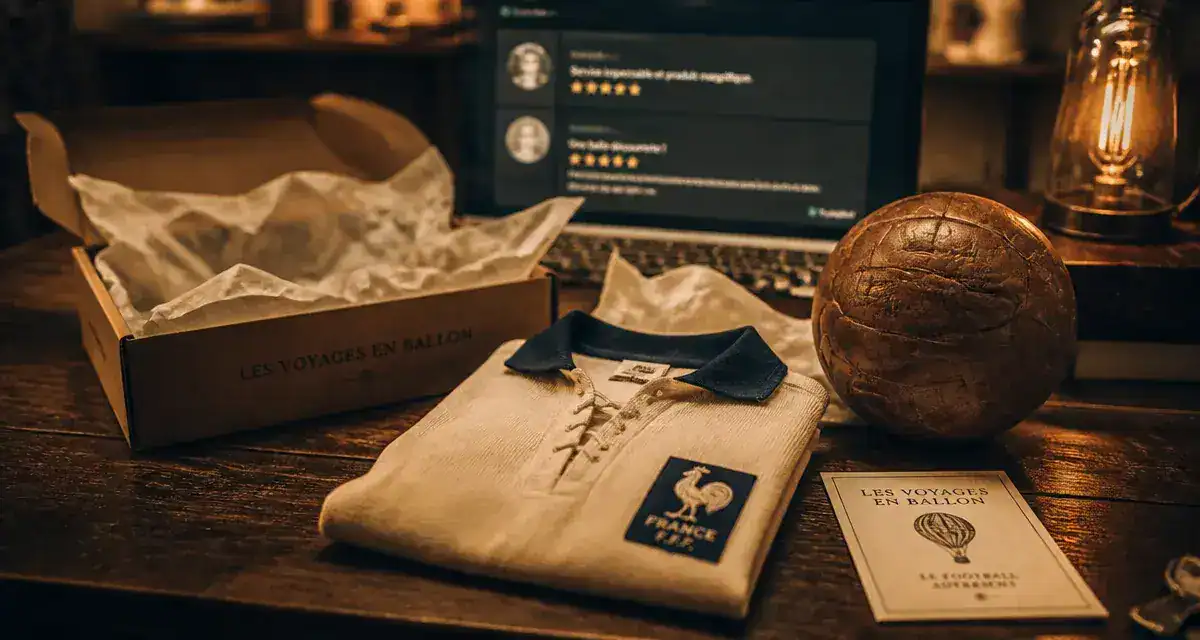 Les voyages en ballon avis : maillot rétro et ballon vintage sur table