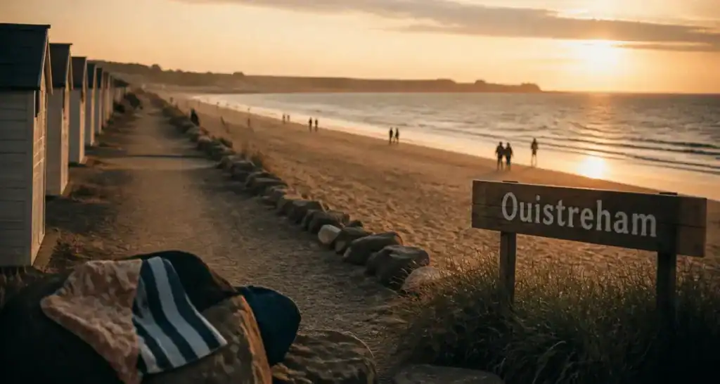 Plage caen à Ouistreham, coucher du soleil sur le sable