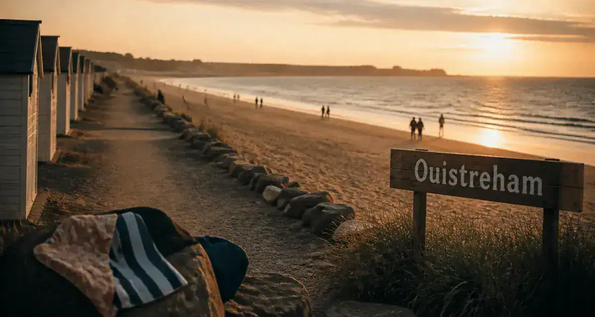 Plage caen à Ouistreham, coucher du soleil sur le sable