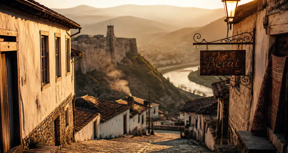 Quoi voir en albanie : ruelles de Berat vers la citadelle à l’heure dorée