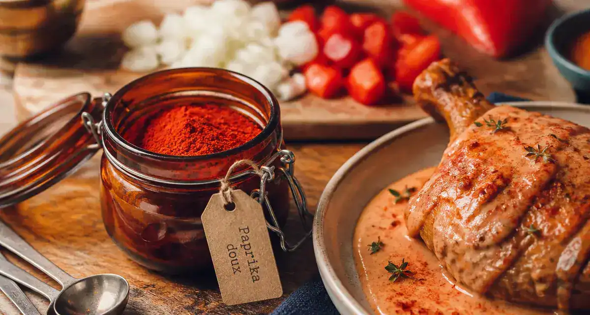 Sweet paprika powder : paprika doux en poudre dans un pot avec poulet