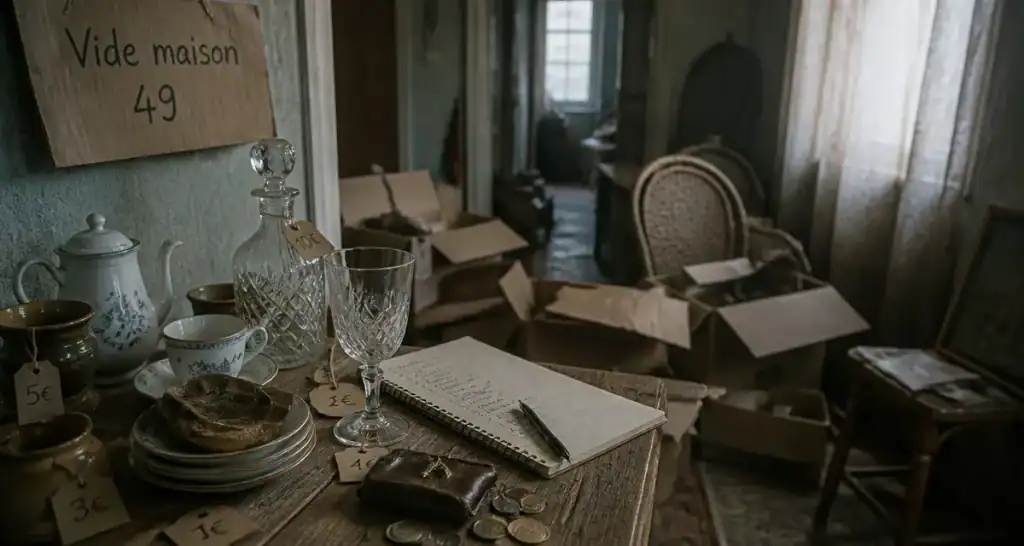 Photo vide maison 49 : table avec objets anciens et chasse aux trésors en Maine-et-Loire