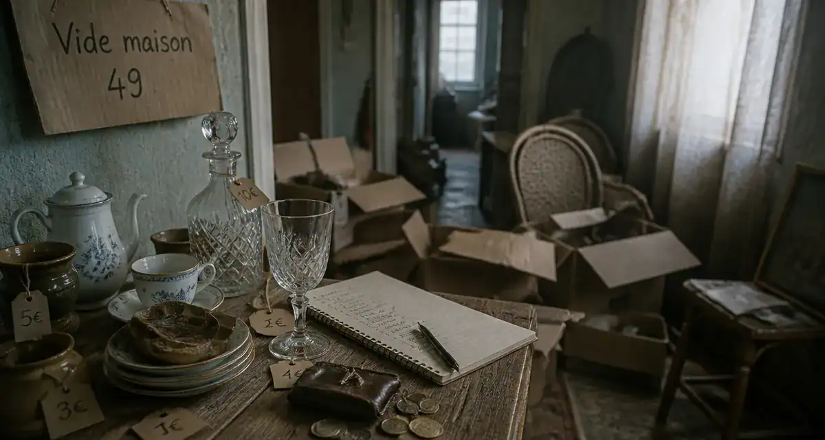Photo vide maison 49 : table avec objets anciens et chasse aux trésors en Maine-et-Loire