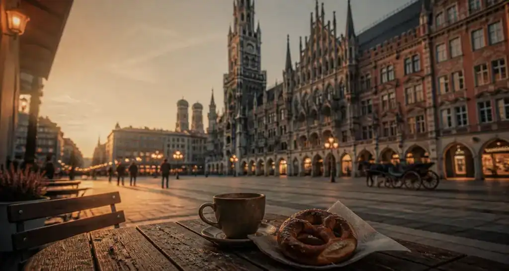 Visiter munich en 1 jour : Marienplatz à l’aube, vue sur le Nouvel Hôtel de Ville