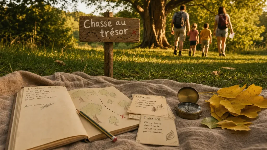 Activité extérieur : mini chasse au trésor au parc, carnet et boussole