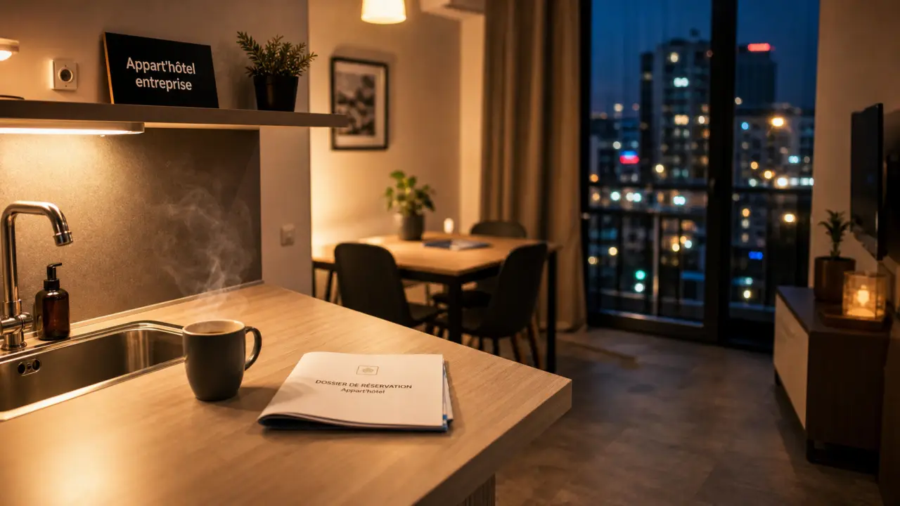 appartehotel location entreprise : kitchenette et coin repas en intérieur