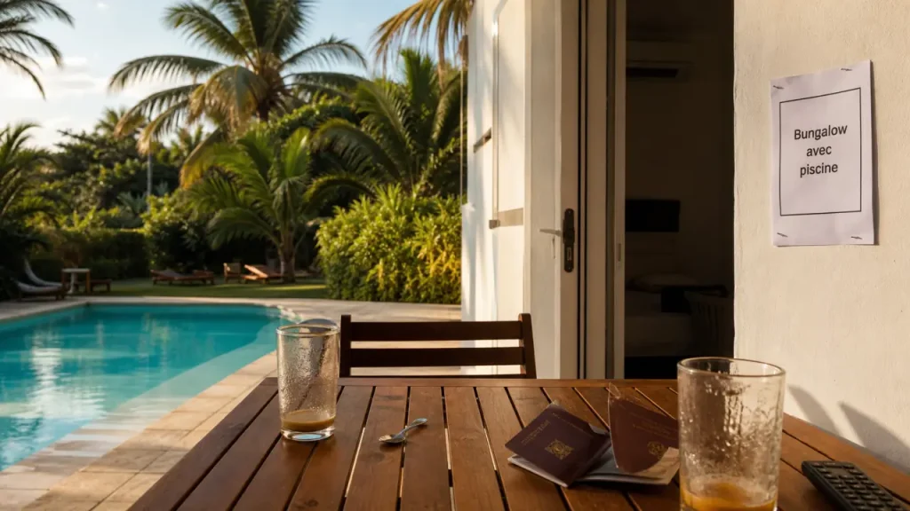 Bungalow sainte-marie martinique avec piscine turquoise, jardin et terrasse