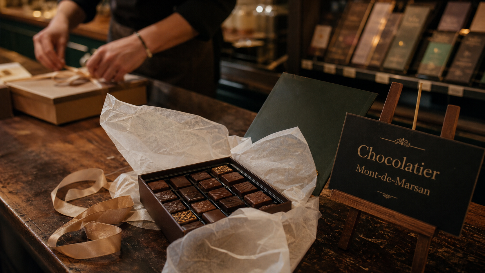Chocolatier mont de marsan : coffret de chocolat artisanal en vitrine