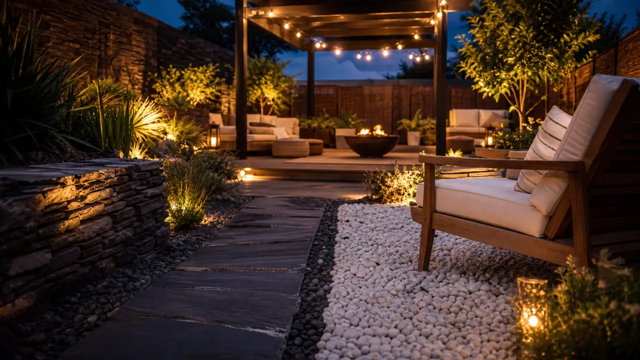 Déco jardin extérieur : terrasse intimiste au soir