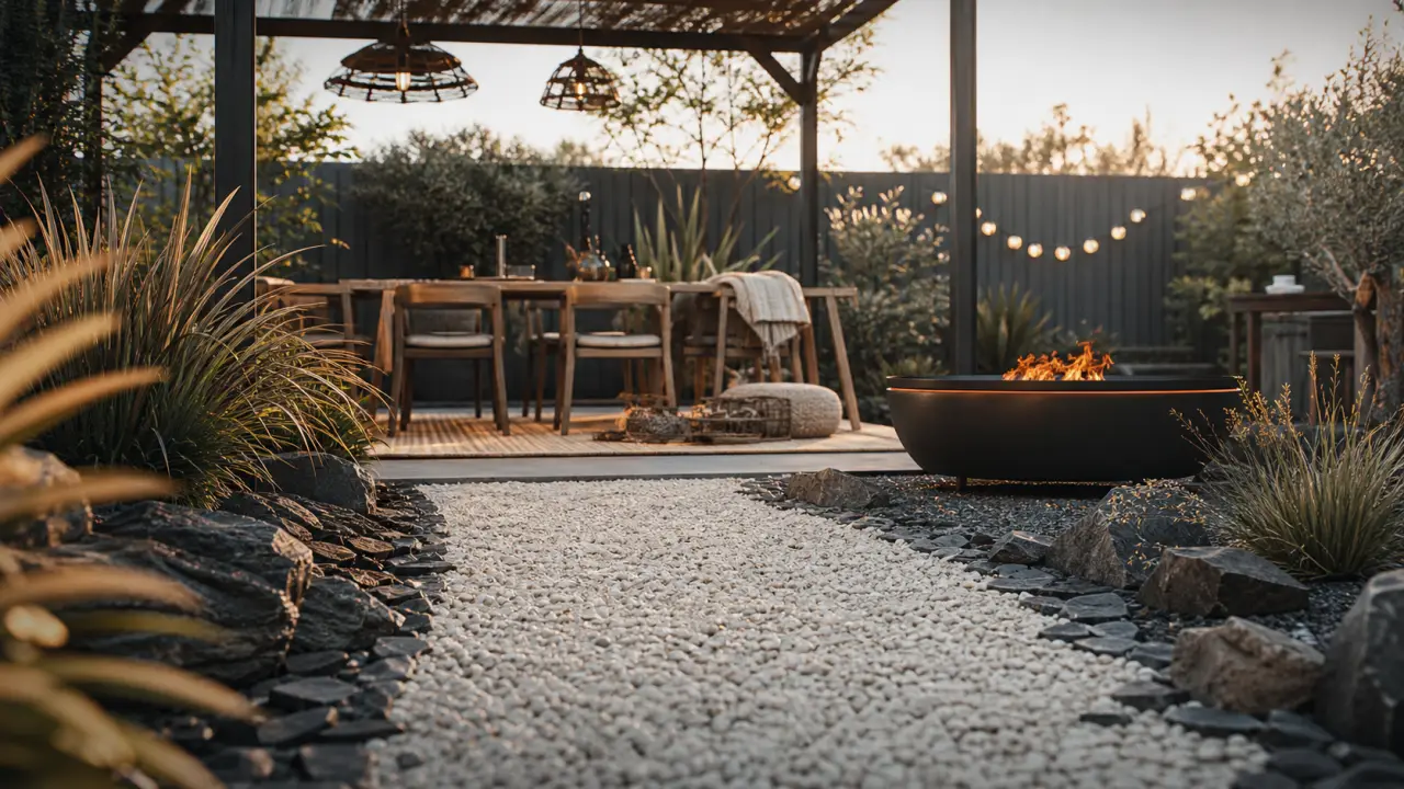 Terrasse extérieure minérale avec brasero et guirlande lumineuse à la tombée du jour