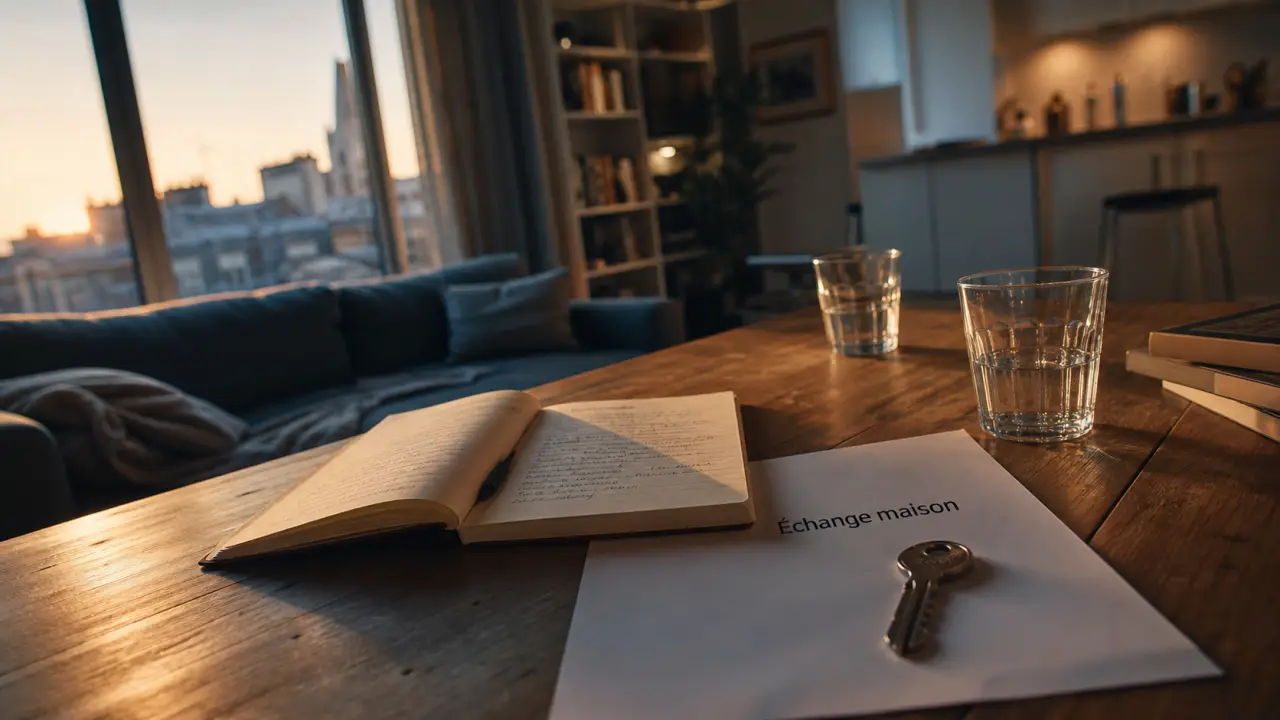 Clé et carnet posés sur une table près d'un document Échange maison au crépuscule