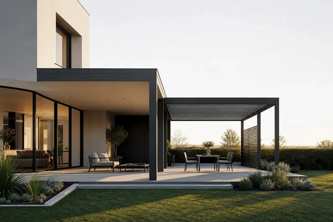 Terrasse couverte maison contemporaine avec pergola adossée en aluminium