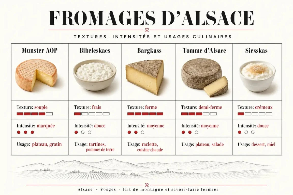 Comparatif des fromages alsaciens avec Munster, Bibeleskaes, Bargkass, tomme d’Alsace et Siesskas