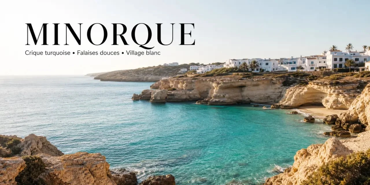 Visiter minorque en 7 jours : panorama d'une crique turquoise et d'un village blanc à Minorque