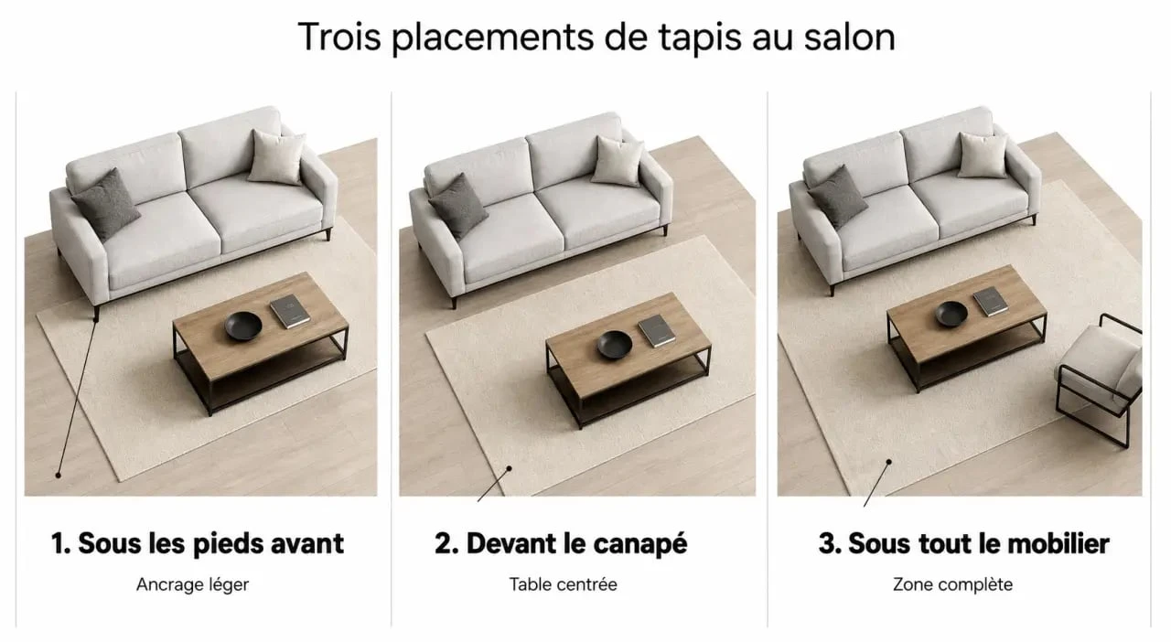 Tapis dans salon : trois façons de le placer autour du canapé et de la table basse