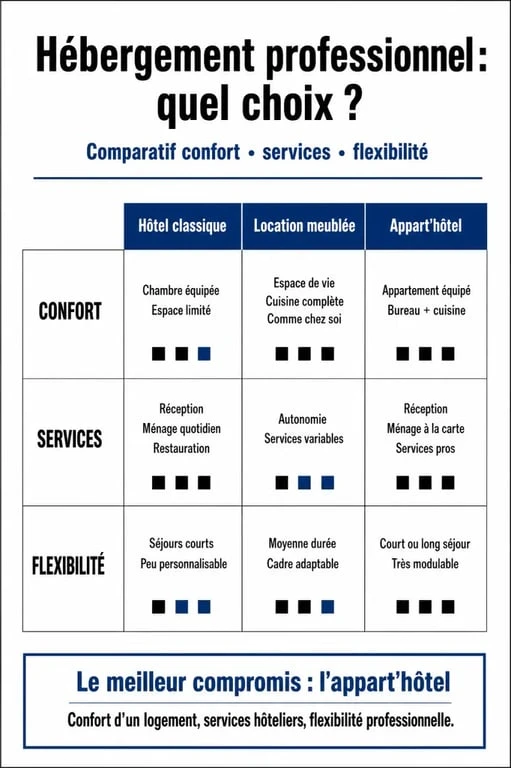 Comparatif des solutions d'hébergement pour entreprise : hôtel, location meublée et appart'hôtel pour vos déplacements professionnels