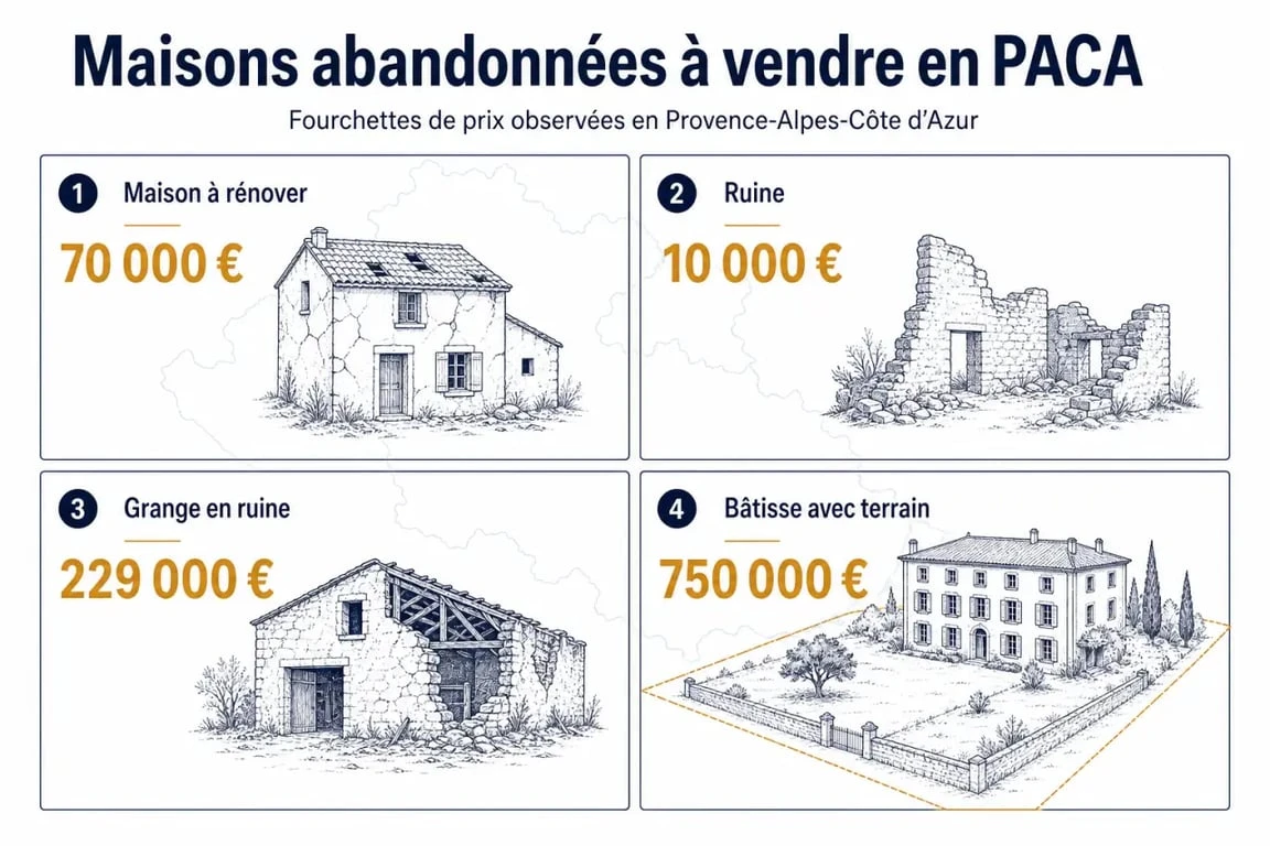 Maison abandonnée à vendre PACA : comparatif visuel des types de biens et des budgets observés en Provence-Alpes-Côte d’Azur
