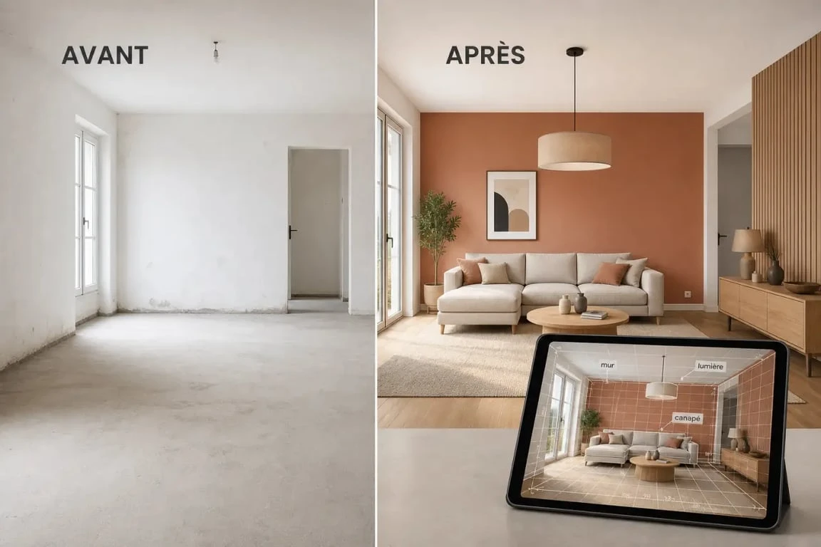 Simulateur deco Raffinement-et-Habitat : avant/après d’un salon avec rendu de décoration intérieure en 3D et réalité augmentée