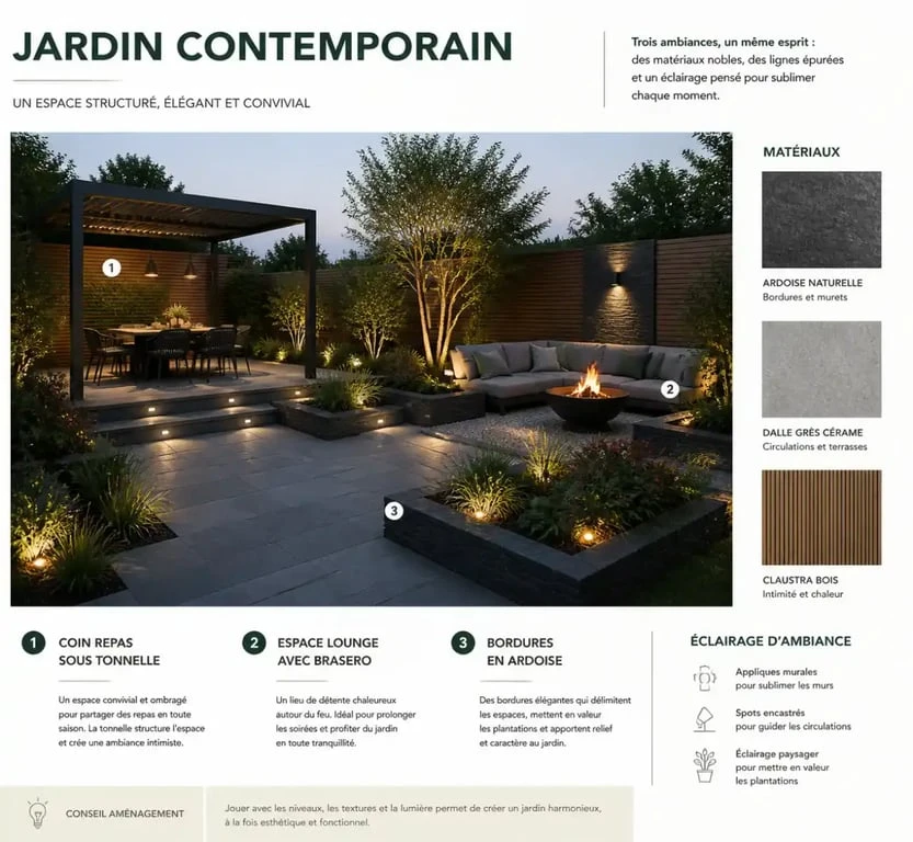 Aménagement et déco jardin extérieur structuré avec zones de détente et matériaux minéraux