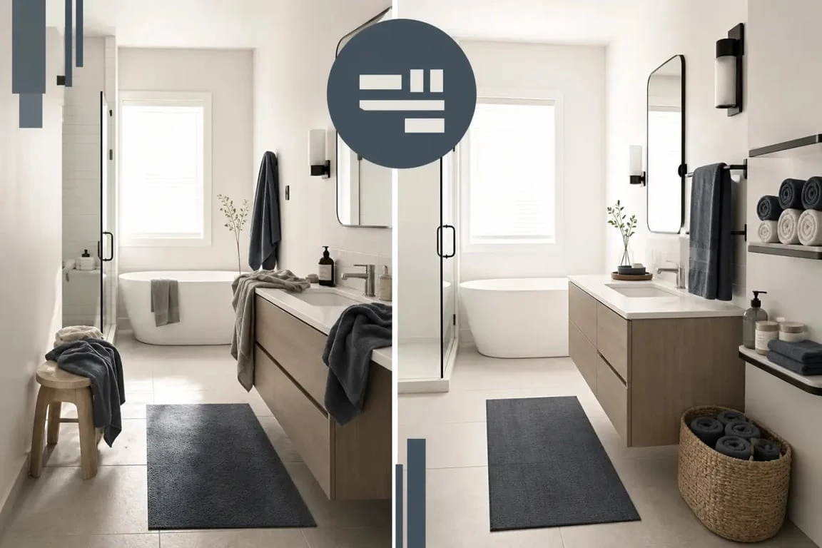 Idée de rangement serviette dans une salle de bain moderne avec avant/après