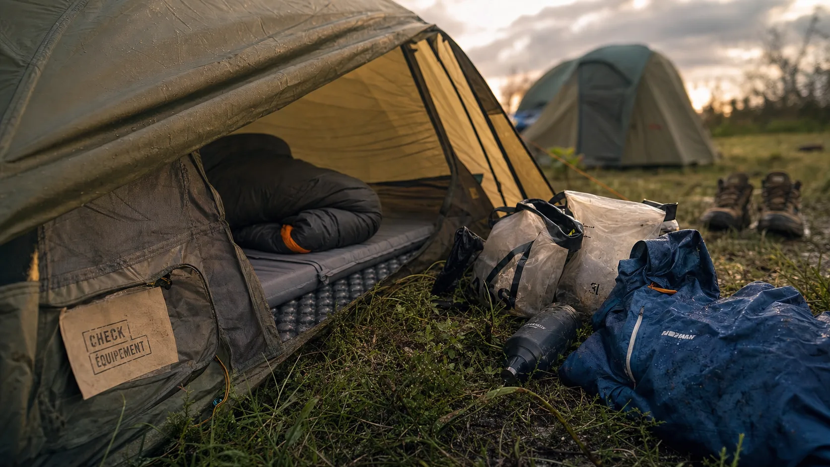 Equipement festival camping : tente au sec, sac de couchage, sol humide