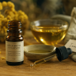 Huile essentielle immortelle utilisation : flacon, pipette et fleurs sur table