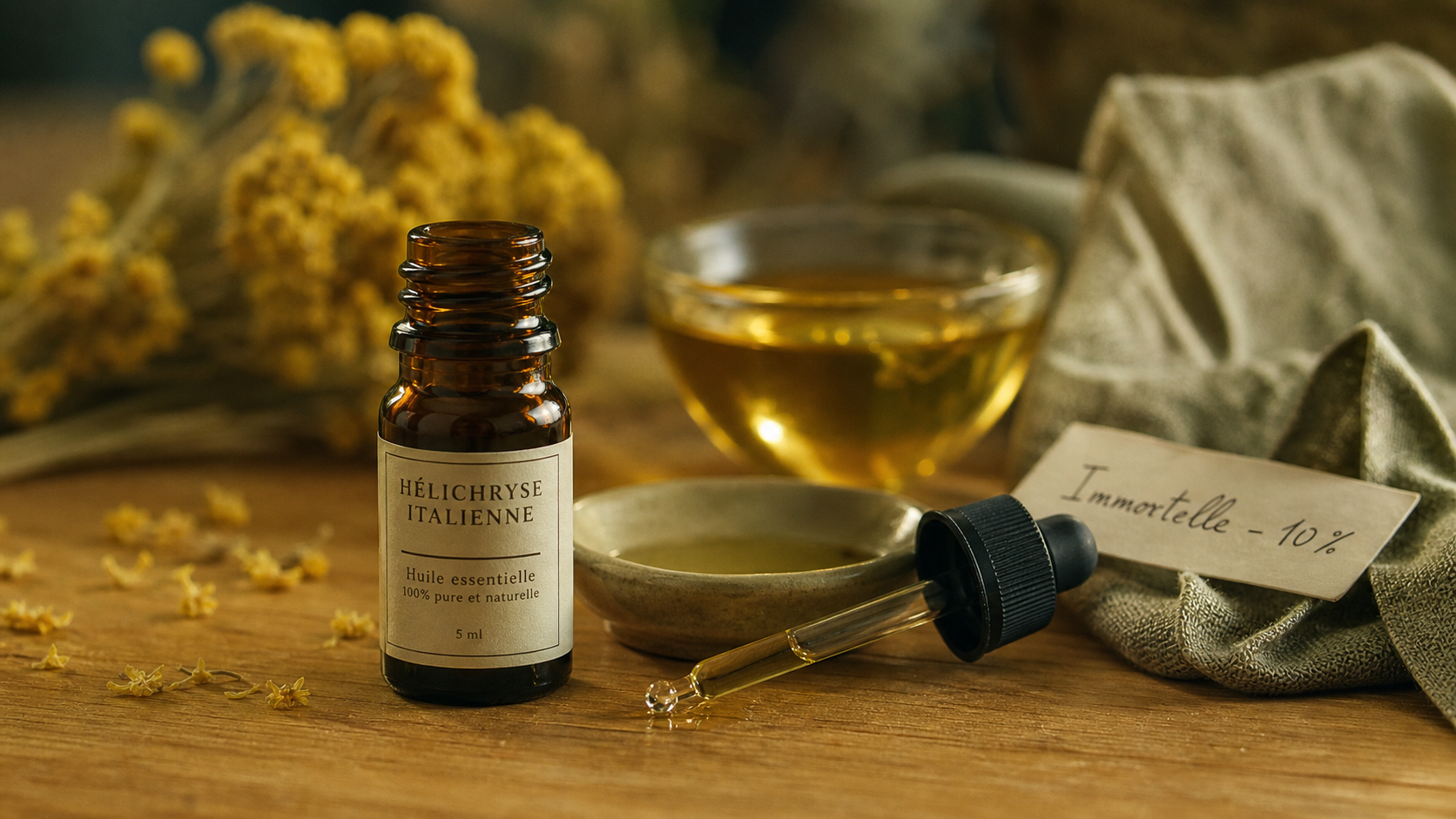 Huile essentielle immortelle utilisation : flacon, pipette et fleurs sur table