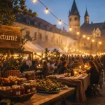 Marché nocturne cluny au Parc Abbatial, étals et tables à la golden hour