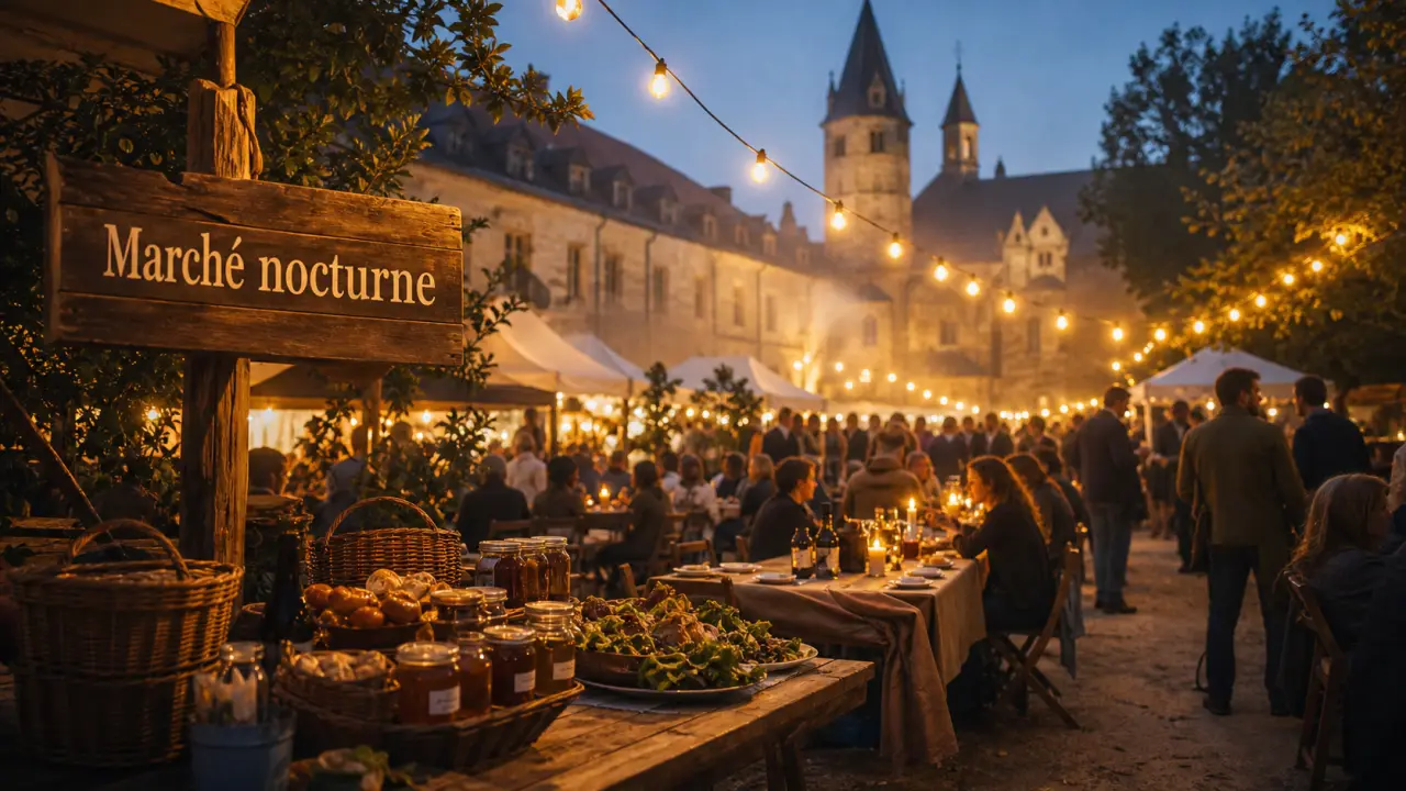 Marché nocturne cluny au Parc Abbatial, étals et tables à la golden hour