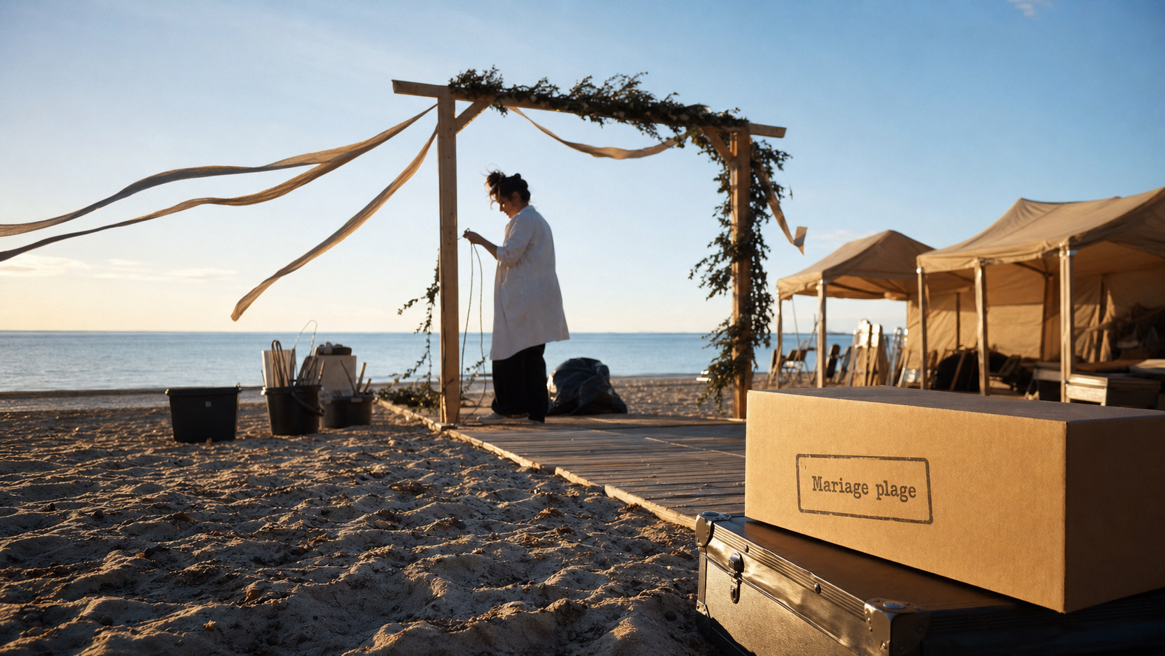 Mariage à la plage : arche sur le sable avec rubans et préparatifs