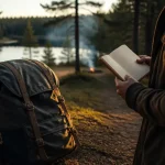 La micro-aventure près de chez soi : sac à dos et sentier vers un lac, feu de camp au loin