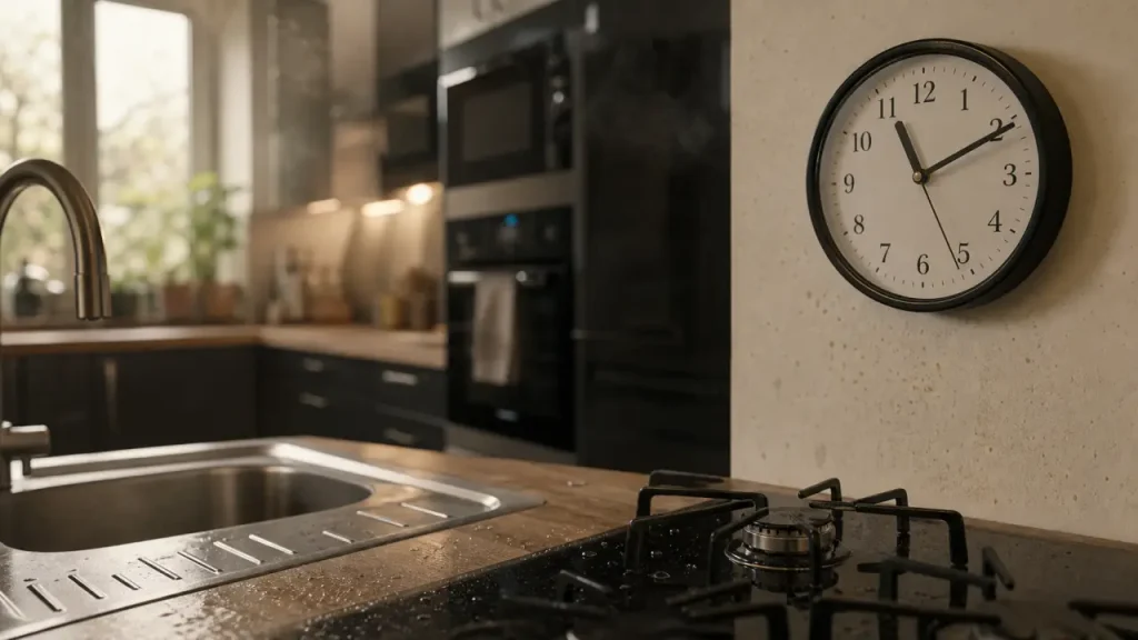 Pendule pour cuisine lisible sur mur clair, résistante aux projections de graisse