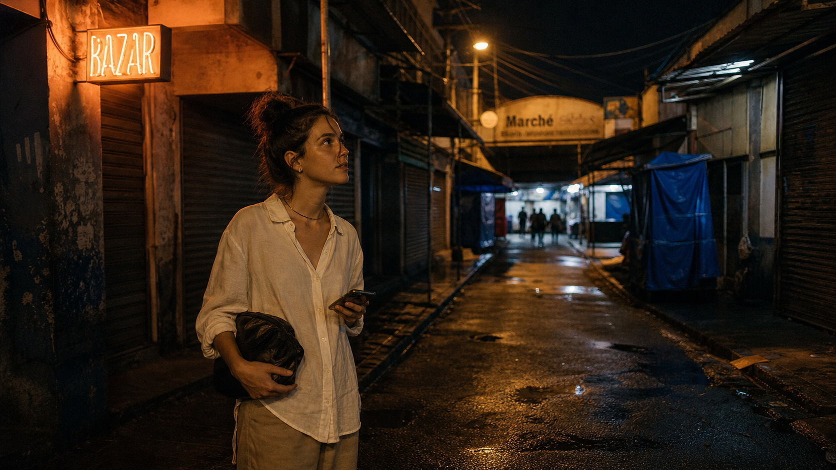 Quartier dangereux île Maurice : ruelle sombre à Port-Louis après la fermeture des commerces