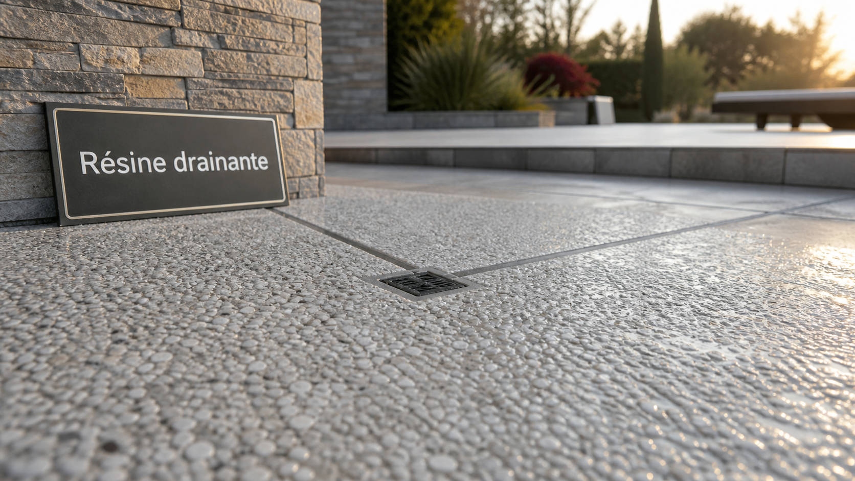 Resine drainante terrasse et allée carrossable, granulat visible, eau évacuée