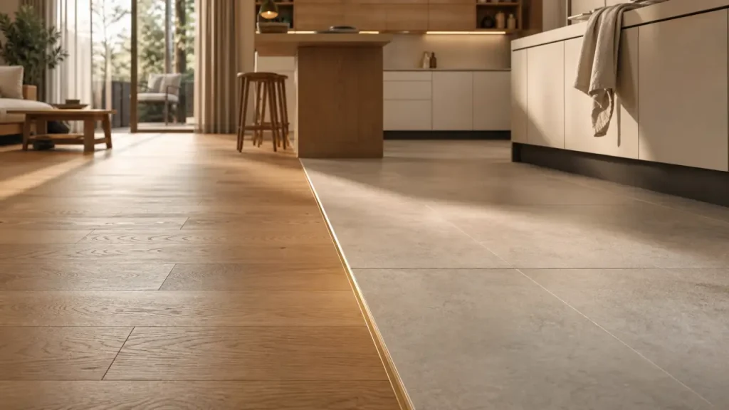 Jonction salon parquet cuisine carrelage, parquet chêne et carrelage gris perle