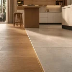 Jonction salon parquet cuisine carrelage, parquet chêne et carrelage gris perle