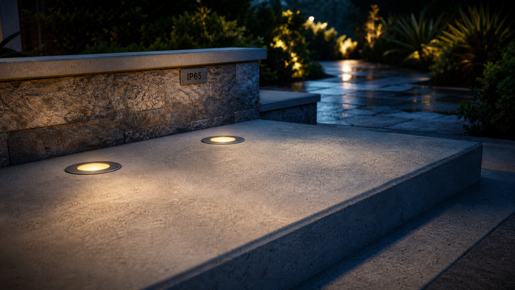 Spot à encastrer extérieur IP65 sur terrasse béton, éclairage LED extérieur