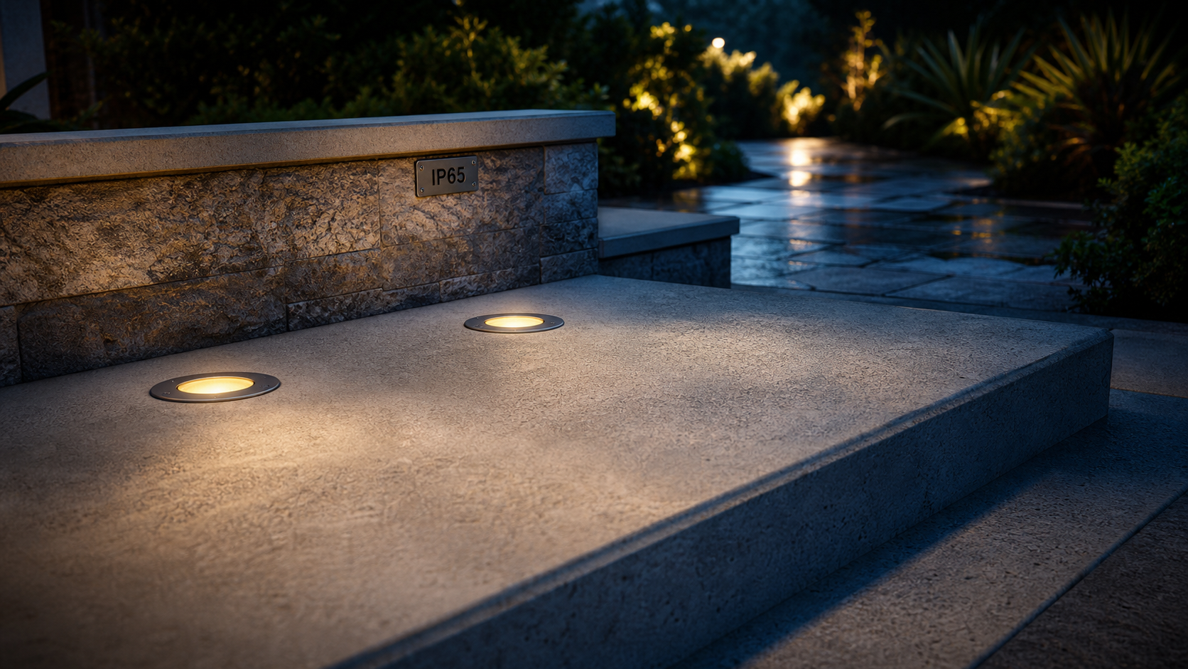 Spot à encastrer extérieur IP65 sur terrasse béton, éclairage LED extérieur
