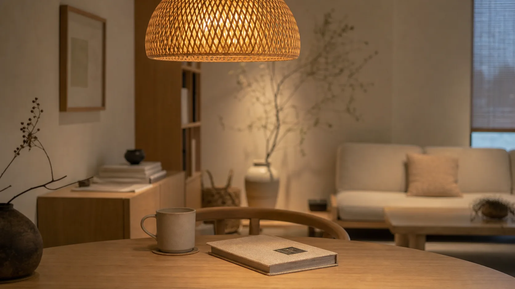Suspension japandi en rotin tressé diffusant une lumière douce