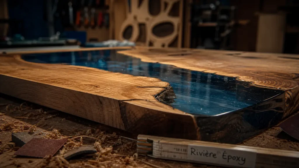 Table en resine avec plateau bois et coulée transparente