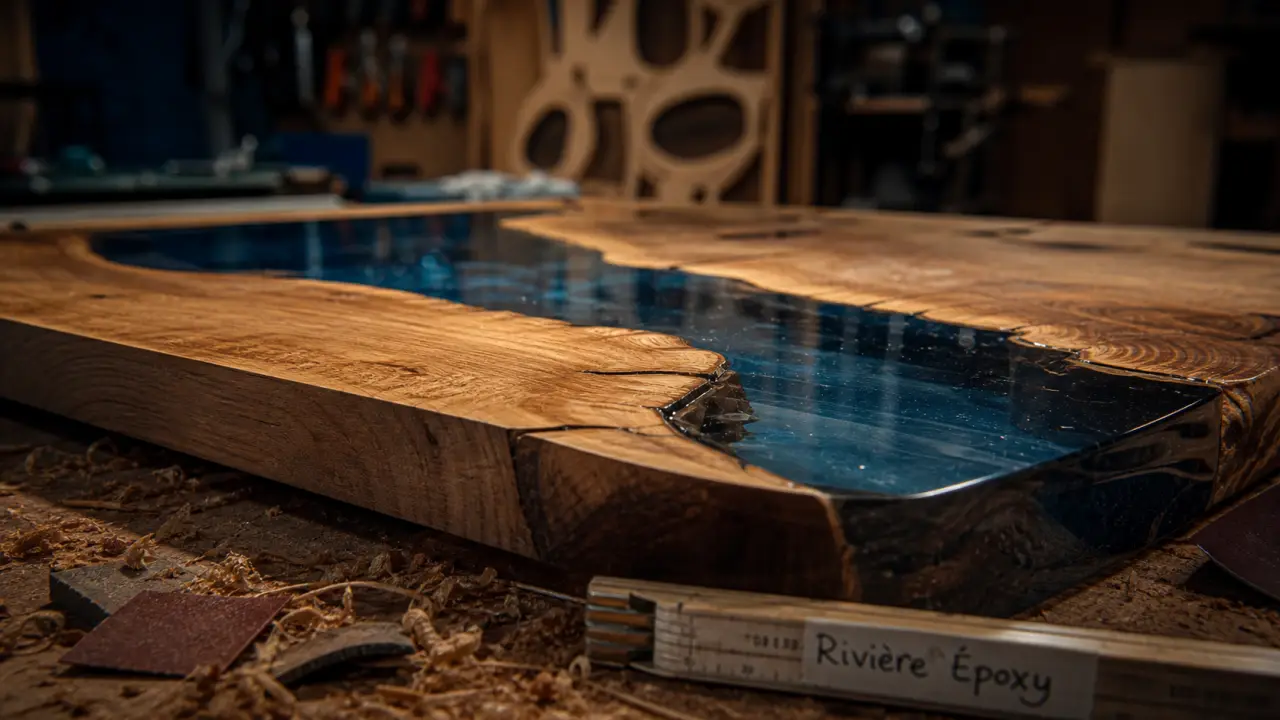 Table en resine avec plateau bois et coulée transparente