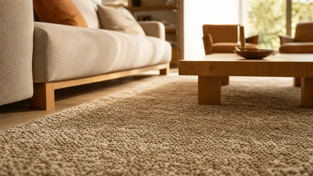 Tapis dans salon sous le canapé, rectangulaire bien dimensionné