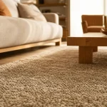 Tapis dans salon sous le canapé, rectangulaire bien dimensionné