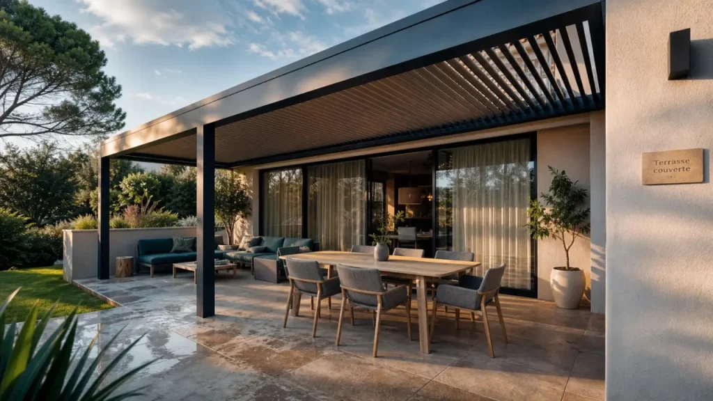 Terrasse couverte maison avec pergola légère, vue depuis le jardin
