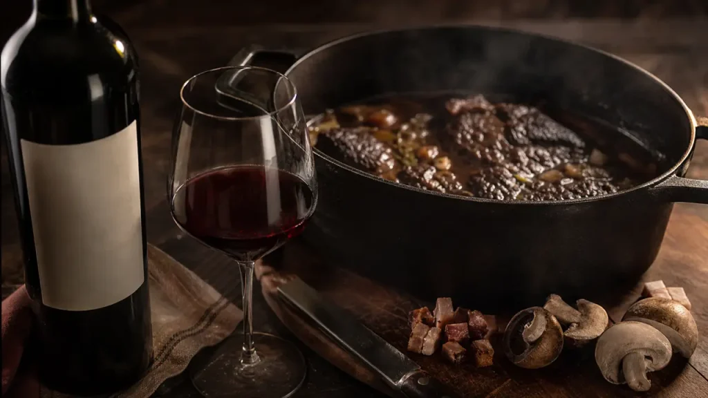 Vin rouge pour cuisiner boeuf bourguignon : cocotte fumante, verre et bouteille