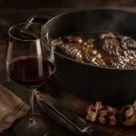 Vin rouge pour cuisiner boeuf bourguignon : cocotte fumante, verre et bouteille