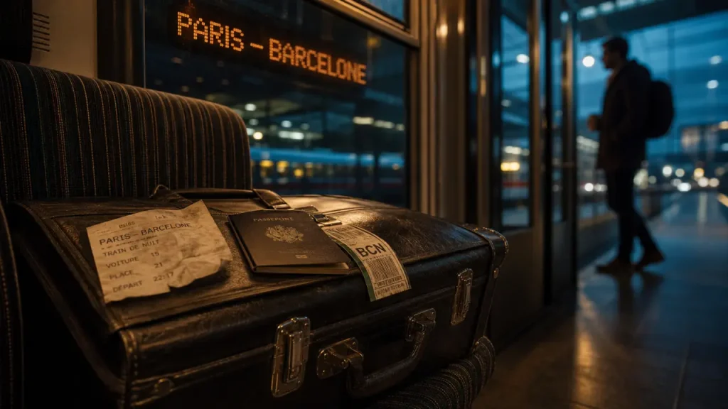 Voyager en train en Europe : valise et billet sur un siège en gare, Paris–Barcelone