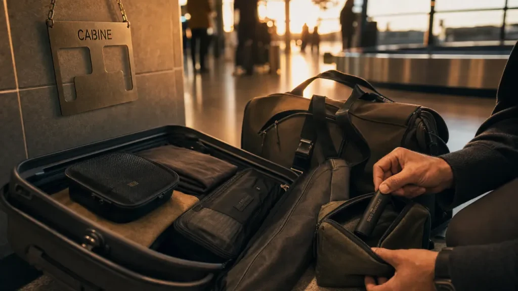 Voyager léger en bagage cabine : valise cabine ouverte et cubes de rangement