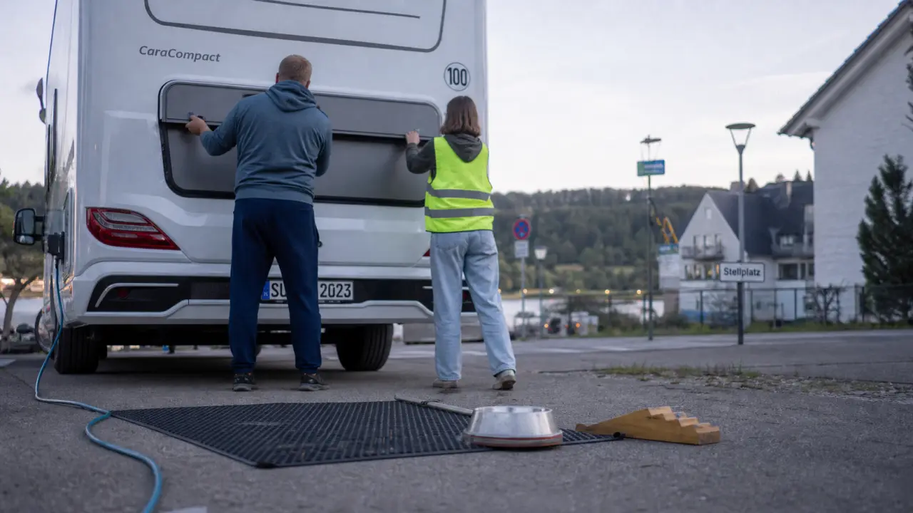 Allemagne en camping car sur Stellplatz, camping-car et voyageurs près du lac
