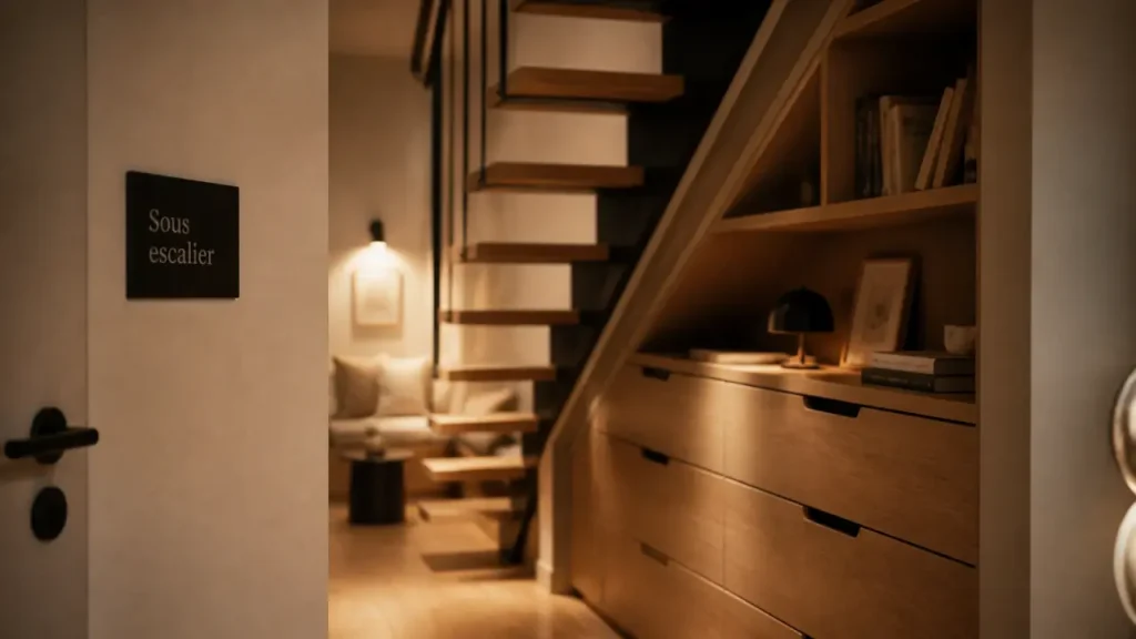 Aménagement sous escalier ouvert : console et coin lecture sous escalier quart tournant